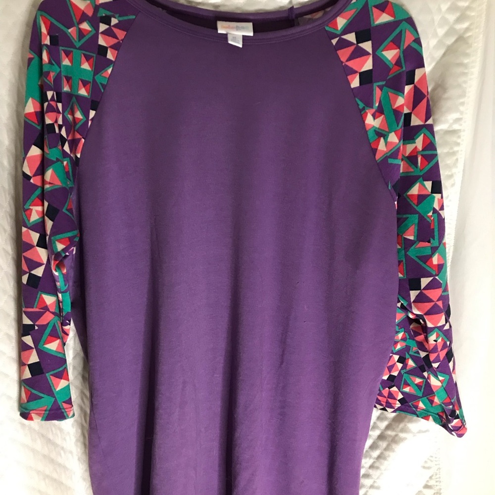 Lularoe baseball shirt/Randy/purple body multicolored sleeves